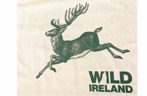 Wild Ireland - The Tea Towel Red Deer features a detailed illustration of a leaping deer with large antlers over bold green WILD IRELAND text on a beige background, blending intricate animal imagery with simple typography.