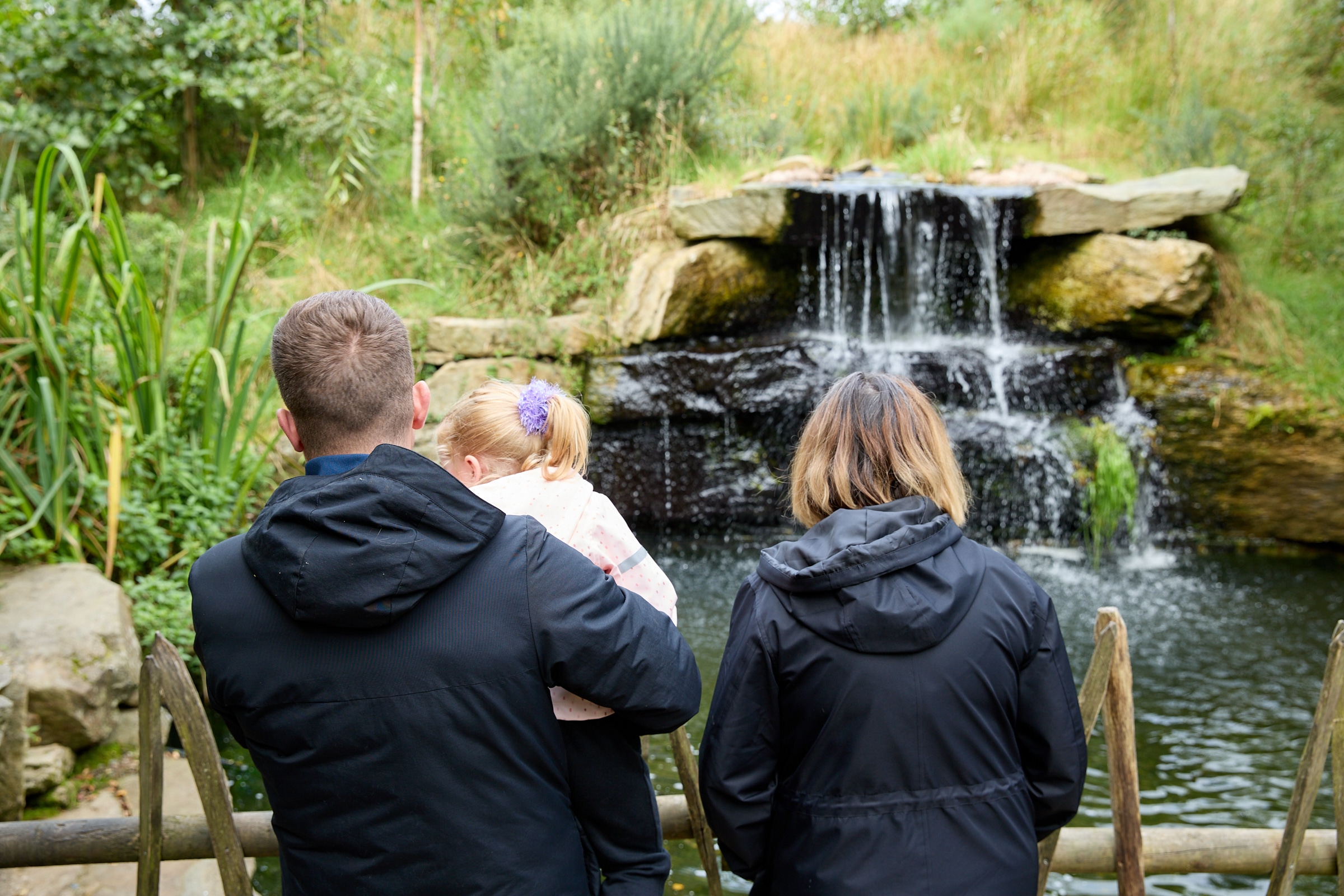 Wild Ireland - A family of three stands with their backs to the camera, facing a small waterfall. The adults, each wearing black jackets, hold a child with blonde hair. They are surrounded by lush greenery and rocks.