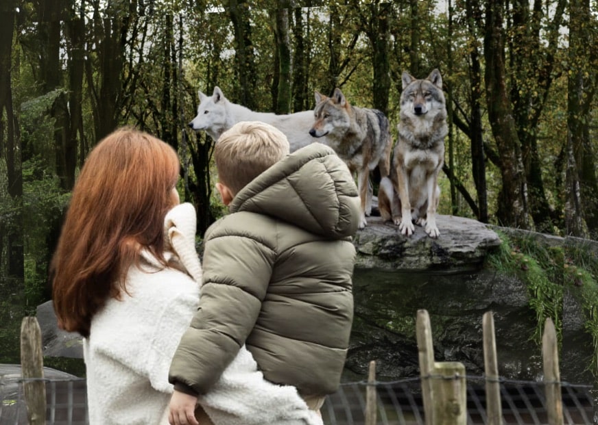 Wild Ireland - A woman with red hair, wearing a white sweater, holds a young boy in a green jacket. They are looking at four wolves standing on a rock in a wooded area. A wooden fence is visible in the foreground.