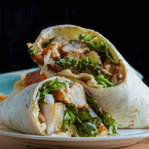 Wild Ireland - A close-up of two grilled chicken wraps cut in half, showing lettuce, sliced onions, cheese, and grilled chicken pieces inside a flour tortilla, placed on a white plate.