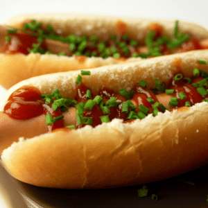 Wild Ireland - Two hot dogs in soft buns topped with ketchup and chopped chives, served on a dark plate.