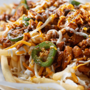 Wild Ireland - Close-up of French fries topped with seasoned ground meat, melted shredded cheese, sliced jalapeños, and a drizzle of white sauce.