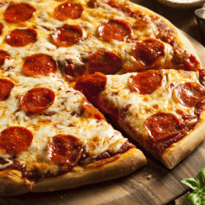 Wild Ireland - A pepperoni pizza with melted cheese and tomato sauce is sliced and served on a wooden board. One slice is slightly pulled away from the rest of the pizza.