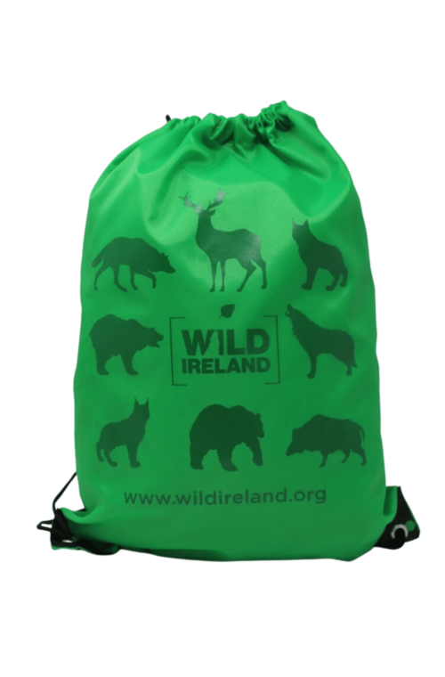 Wild Ireland - The Kids Drawstring Rucksack Kells Green showcases silhouettes of a deer, wolf, bear, and boar. Wild Ireland is printed centrally with www.wildireland.org at the bottom.