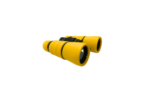 Wild Ireland - A yellow pair of Binoculars with black accents, including the adjustment knob, is centered on a white background.