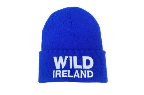 Wild Ireland - A red kids beanie with WILD IRELAND embroidered in white is shown against a white background.