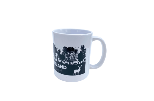 Wild Ireland - The Wild Ireland Mug is a white mug with a black silhouette design of trees and a deer, featuring the word Portland. It is displayed on a white background.