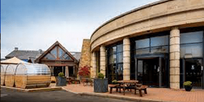 Wild Ireland - A large building with a curved, columned facade and glass windows. There is a wooden outdoor seating area with picnic tables and planters. A smaller, peaked-roof structure is adjacent to the main building.