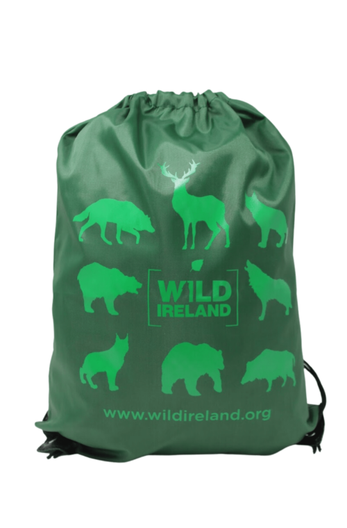 Wild Ireland - The Kids Drawstring Rucksack Forest Green showcases animal silhouettes like a bear, deer, and wolf, with Wild Ireland at the center and www.wildireland.org at the bottom.