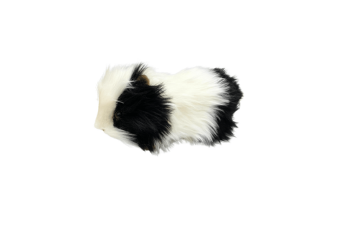 Wild Ireland - The Guinea Pig Soft Toy features fluffy black and white fur, its head tilted slightly to the side, lying on a neutral white background.