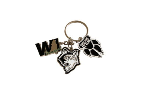 Wild Ireland - The Wild Ireland Keychain features three metallic charms: a W, a wolf head, and a paw print labeled GREEN OUTLIN. It includes a circular key ring and is showcased on a plain white background.