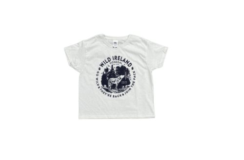 Wild Ireland - A light gray Wolf Pack T-shirt Kids has a navy blue circular design with a wolf in a forest, featuring the text Wild Ireland Donegal and Join the Pack.