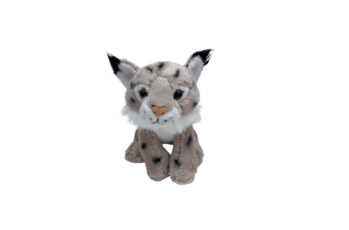 Wild Ireland - The Lynx soft toy small is displayed against a plain white background, featuring light brown fur with black spots, distinct pointed ears with black tips, and a small pink nose.