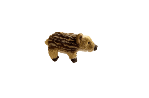 Wild Ireland - A Baby Wild Boar Soft Toy features a brown and beige striped hog-like design with four stubby legs, a round body, and a snout, isolated on a white background.