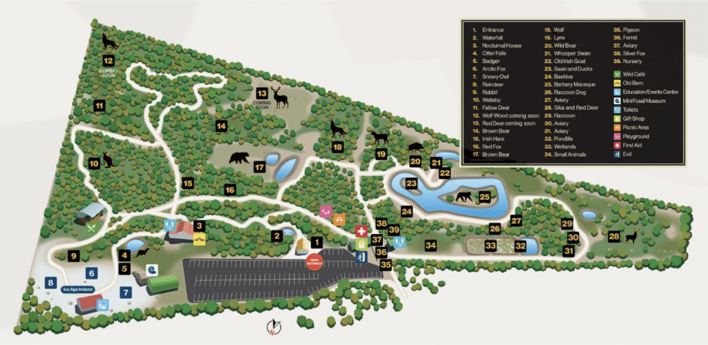 Wild Ireland - Illustrated zoo map showing various animal enclosures, labeled paths, and visitor amenities. Key locations include the entrance, parking, zoo exit, and exhibits for wolves, bears, and birds. Icons and numbers correspond to a legend on the right.