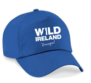 Wild Ireland - A bright pink baseball cap features bold white text WILD IRELAND on the front, with Donegal elegantly written below in cursive. It has a curved brim and button top.