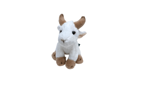 Wild Ireland - The Small goat 16cm plush toy, set against a white background, features a primarily white body with brown horns, ears, and hooves. It has a small tail and includes a black tag attached to it.