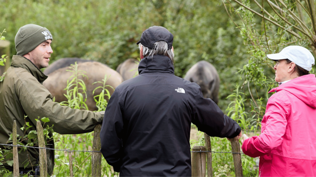 Wild Ireland - Three people in outdoor jackets and hats stand near a wooden fence, talking. Behind them, green foliage and blurry images of horses are visible. The person on the left wears a beanie, the middle has a black cap, and the right wears a light cap.