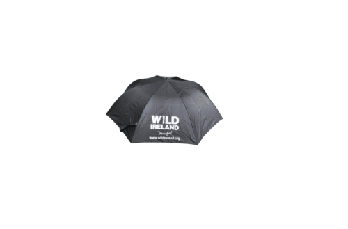 Wild Ireland - A side view shows a fully expanded black Wild Ireland Umbrella with bold white text: Wild Ireland, Donegal, and www.wildireland.org. The umbrella is set against a white background.
